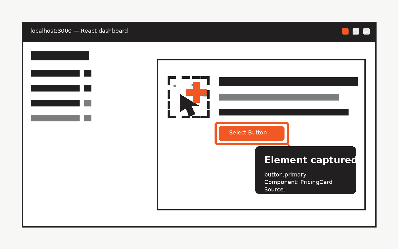 Selector overlay highlighting a React element with a pixelated outline.