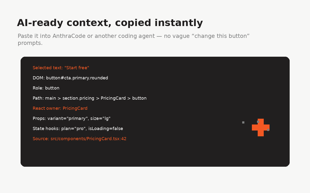Clipboard context view showing copied AI-ready element details.